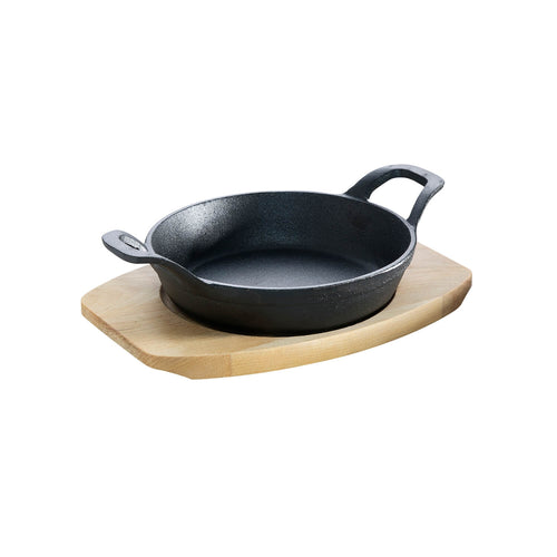 Poêle de service en fonte 18 cm 0,75 litre avec dessous de plat en bois pour barbecue au charbon de bois, barbecue à gaz, induction et four