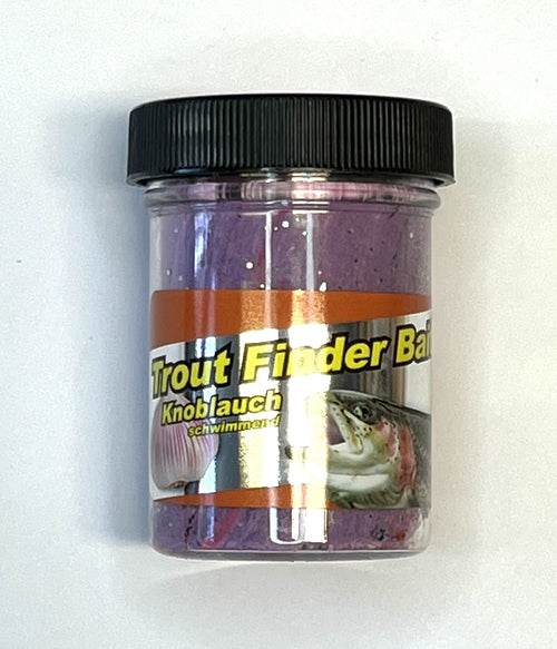 Pâte à truite Trout Finder Bait pailletée rouge blanc 50 grammes appât de pêche avec paillettes et goût ail