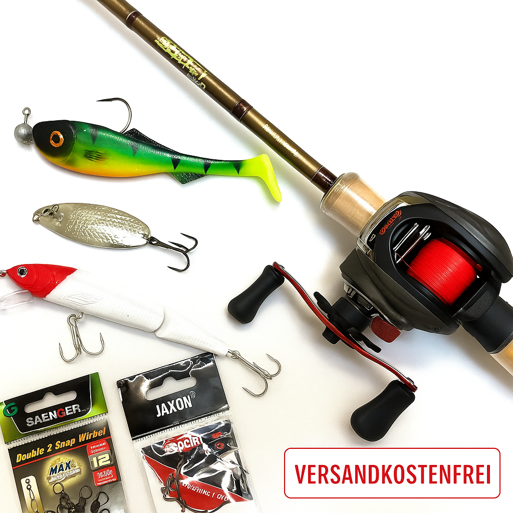 Baitcast Angelset Hecht mit Angelrute, Baitcast Multirolle, Angelschnur, Vorfächer, Wirbel und Angelköder