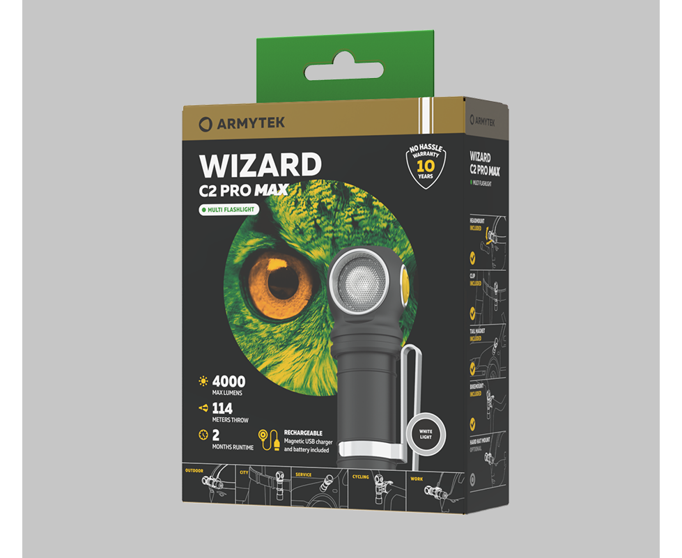 Lampe frontale Armytek Wizard C2 WR, lampe de pêche et lampe de poche tout-en-un avec 1100 lumens, câble de charge USB et batterie.