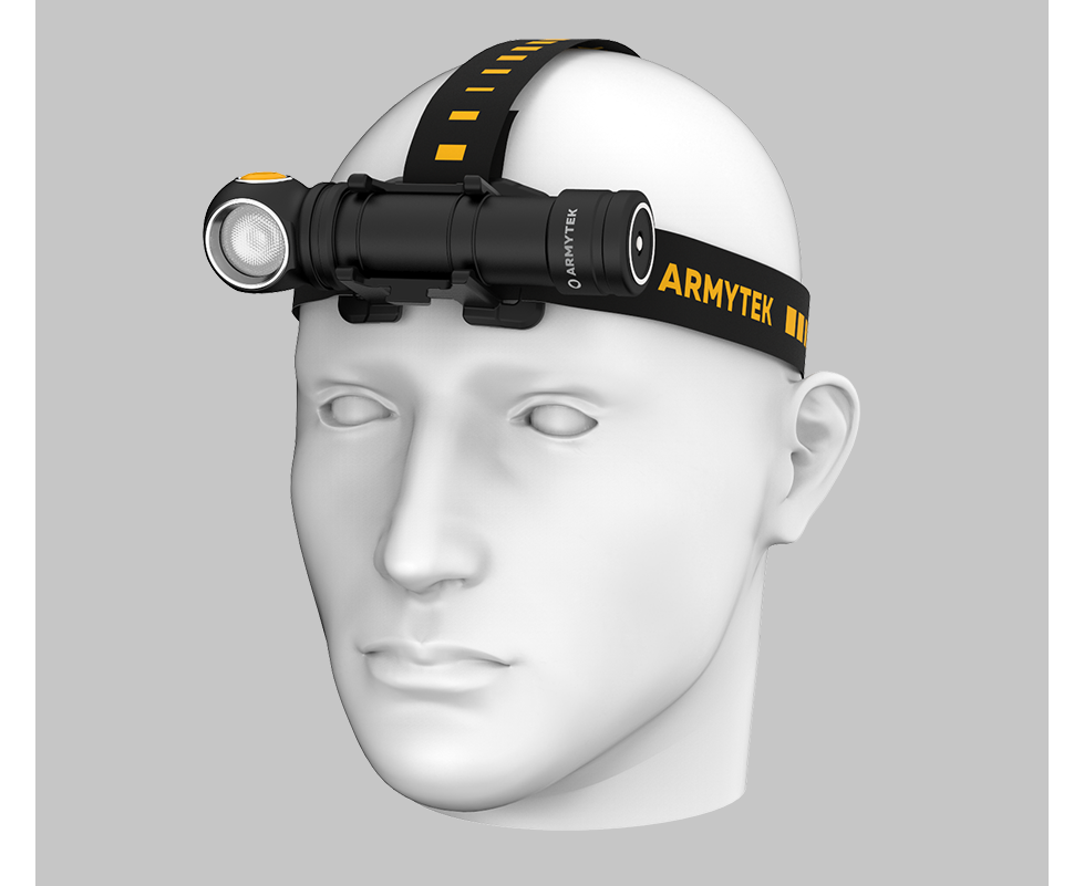 Lampe frontale Armytek Wizard C2 WR, lampe de pêche et lampe de poche tout-en-un avec 1100 lumens, câble de charge USB et batterie.