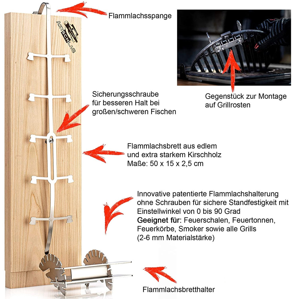 Planche à saumon flambé premium cerisier 50 * 15 cm 2,5 cm d'épaisseur XXL en bois de cerisier aromatique fait main