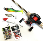 Baitcast Angelset Hecht mit Angelrute, Baitcast Multirolle, Angelschnur, Vorfächer, Wirbel und Angelköder