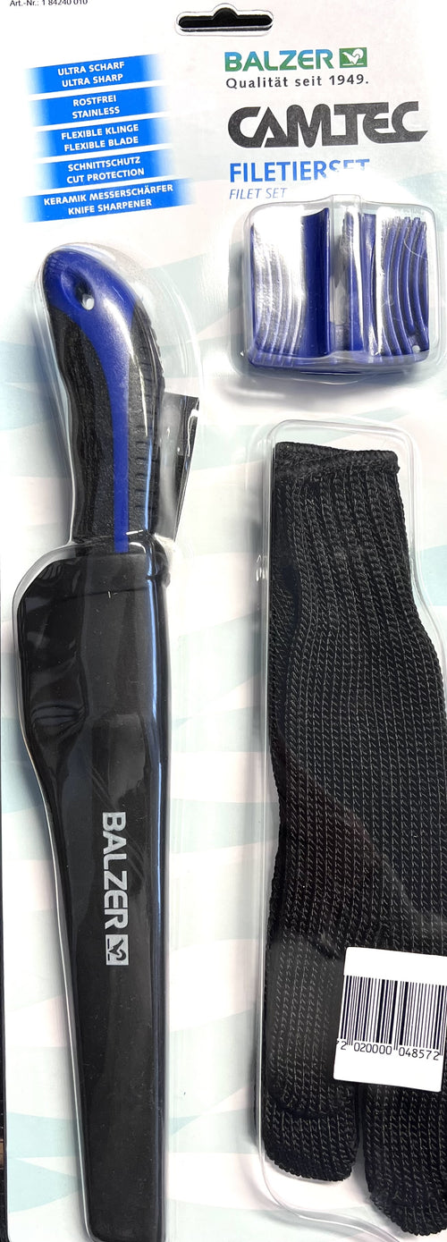Balzer Camtec Filetier Set 30 cm 19 cm Klingenlänge mit Scheide Filetierhandschuh und Messerschärfer