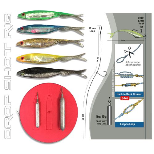Jenzi Drop Shot Rig - Fertiges Dropshot Rig mit 5 Köder in 7 cm 0,28 mm Schnur Hakengröße 2