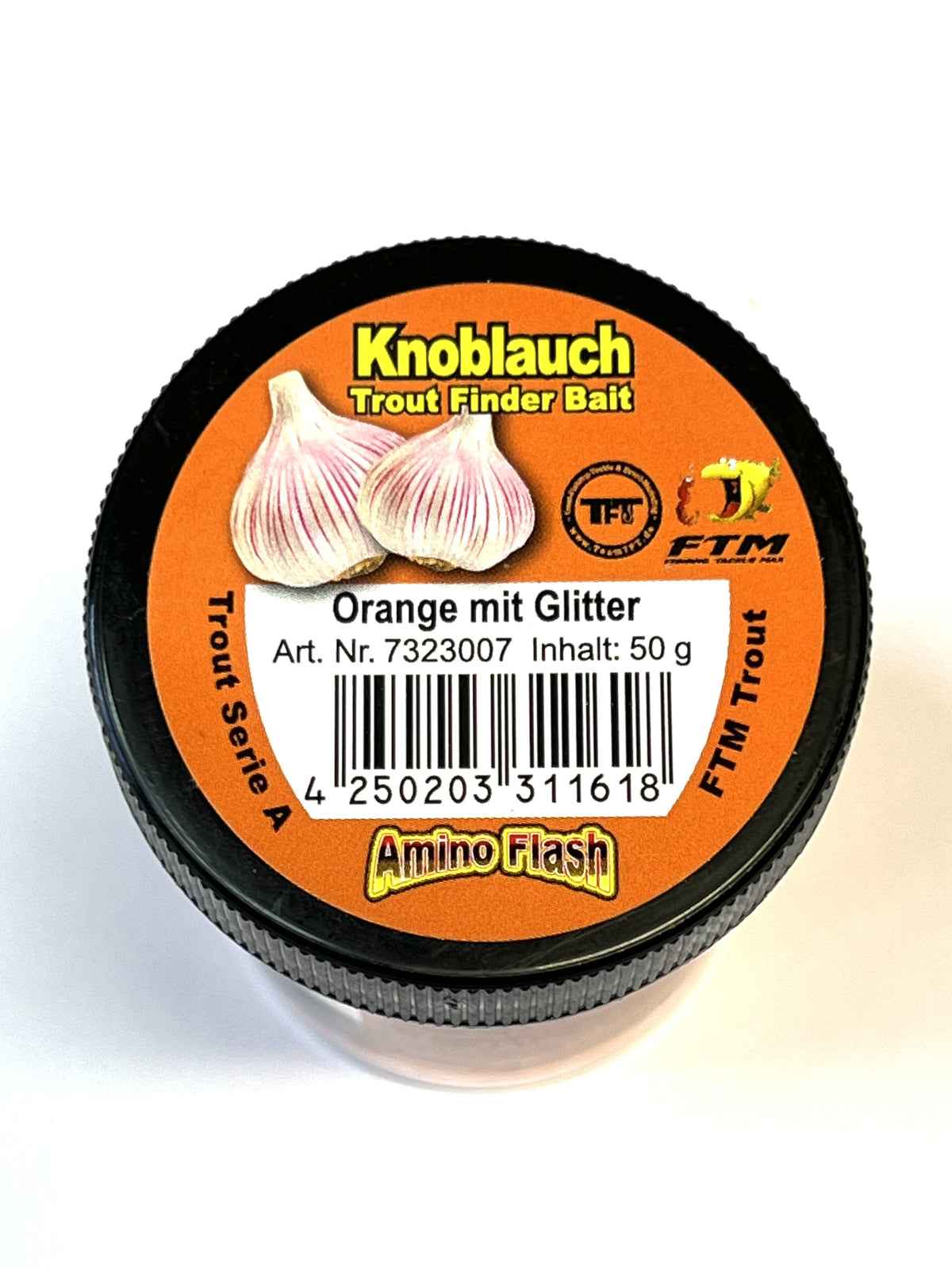 Trout Finder Bait Forellenteig Orange 50 Gramm Angelköder mit Glitter und Knoblauch Geschmack