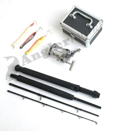 Kit de pêche en mer Giga Fighter incluant ligne de pêche, tube, appâts, moulinet multiplicateur
