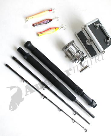 Kit de pêche en mer Giga Fighter incluant ligne de pêche, tube, appâts, moulinet multiplicateur