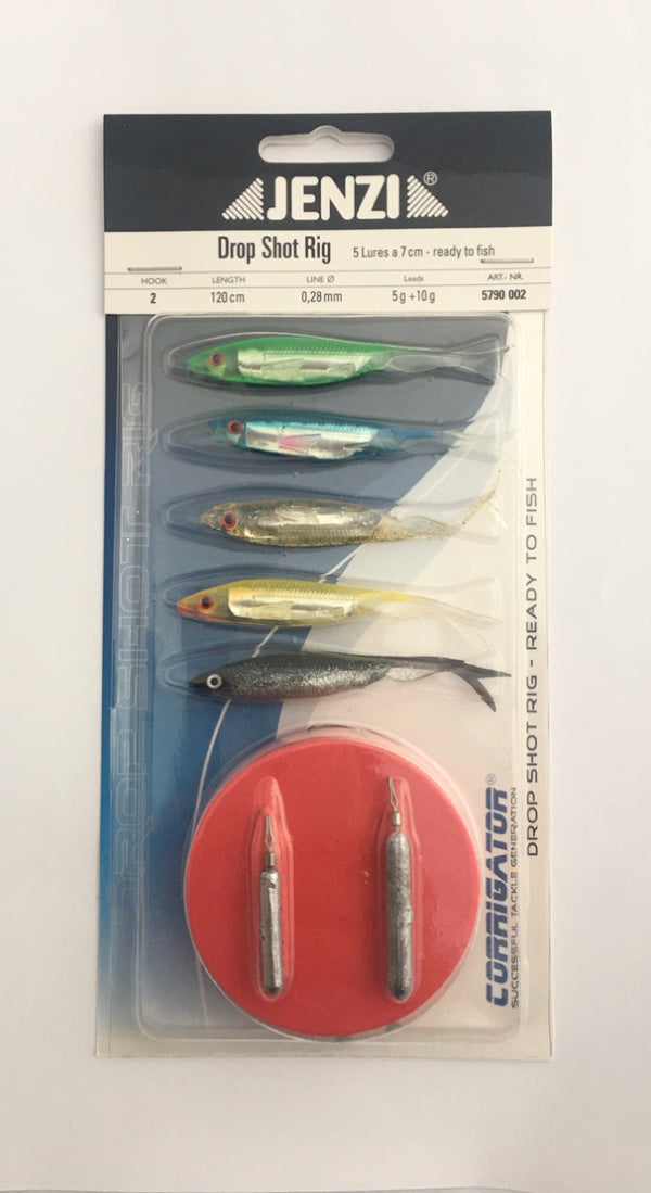 Jenzi Drop Shot Rig - Fertiges Dropshot Rig mit 5 Köder in 7 cm 0,28 mm Schnur Hakengröße 2