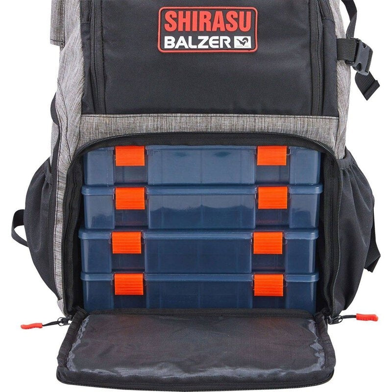 Shirasu Angelrucksack mit Angelzubehörboxen 49 x 35 x 21cm mit 2 Zubehörboxen und 2 Zangenhalter für Angelzangen