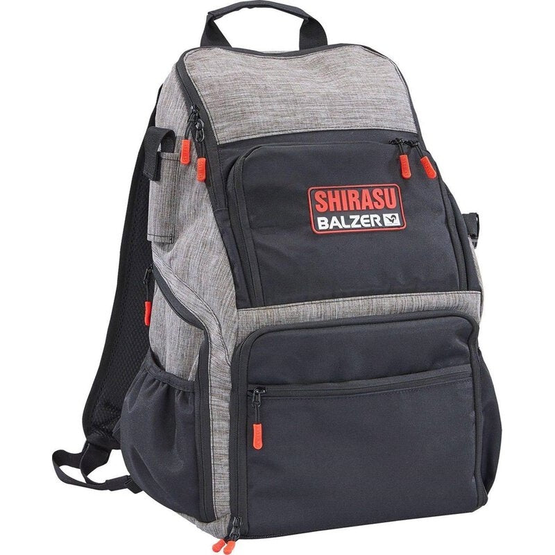 Shirasu Angelrucksack mit Angelzubehörboxen 49 x 35 x 21cm mit 2 Zubehörboxen und 2 Zangenhalter für Angelzangen