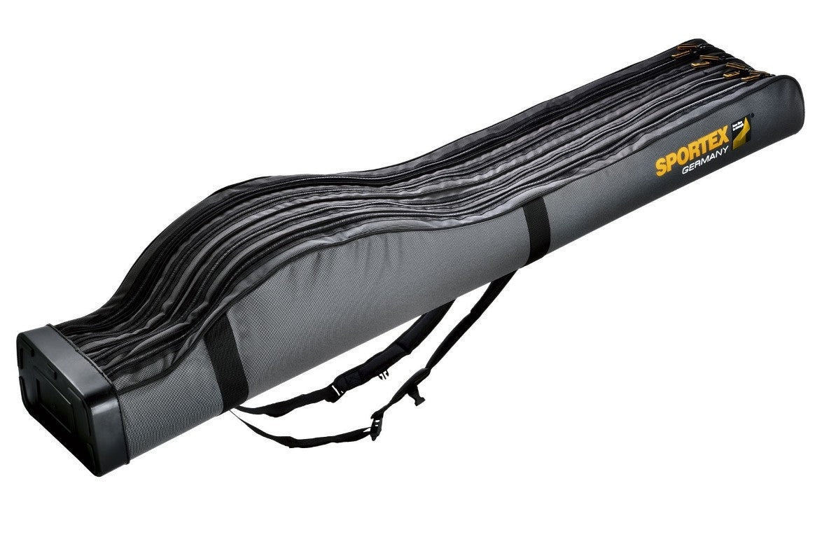 Fourreau Sportex Super Safe 1,65 mètre avec 4 compartiments pour 4 cannes à pêche, couleur gris, avec 2 sangles de transport