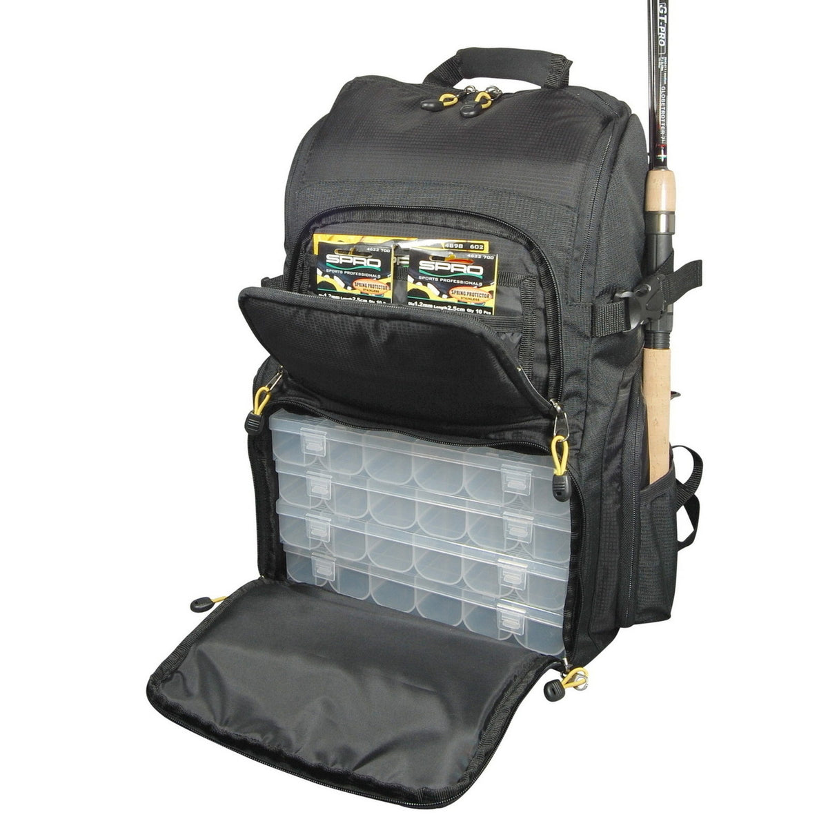 Sac à dos de pêche Spro avec 4 boîtes, sac à dos de pêche avec porte-canne 37x28x41cm