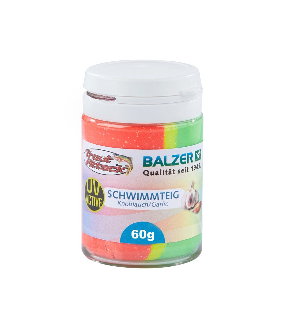 Balzer Forellenteig Trout Attack Schwimmteig Trout Bait Forellenköder 60 Gramm Rainbow UV Aktiv Hakenköder Knoblauch