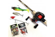 Baitcast Angelset Hecht mit Angelrute, Baitcast Multirolle, Angelschnur, Vorfächer, Wirbel und Angelköder